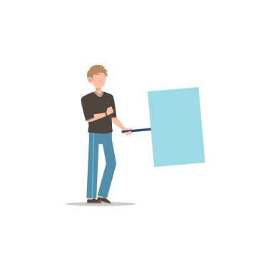 Çizgi film karakteri çizimi genç bir adamın boş levhayı düz tutuşu. Ayakta duran erkek protestocular ya da aktivistler. Siyasi toplantı ve protesto vektör kavramı beyaz arkaplanda izole.