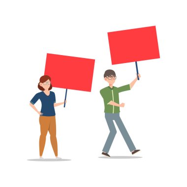 Çizgi film karakteri çizimi genç bir çiftin boş levhayı düz tutmasını gösteriyor. Ayakta duran erkek ve kadın protestocular veya eylemciler. Siyasi toplantı ve protesto vektör kavramı beyaz arkaplanda izole.