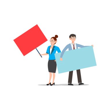Çizgi film karakteri çizimi. Genç bir iş adamı ve boş pankart tutan bir kadın. Ayakta duran erkek ve kadın protestocular veya eylemciler. Siyasi toplantı ve protesto vektör kavramı beyazları izole etti