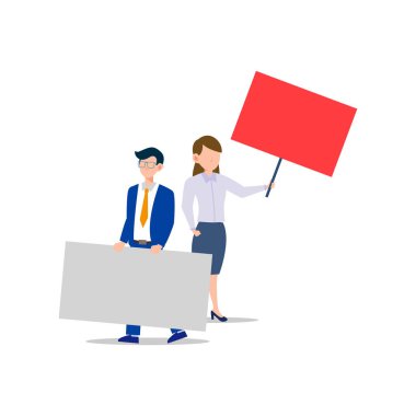 Çizgi film karakteri çizimi. Genç bir iş adamı ve boş pankart tutan bir kadın. Ayakta duran erkek ve kadın protestocular veya eylemciler. Siyasi toplantı ve protesto vektör kavramı beyazları izole etti