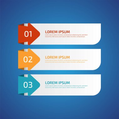 3 farklı renkte Infographic Design Elements, kırmızı, sarı, mavi. Şablon, grafik, sunum ve grafik. 3 seçenekli iş konsepti, parçalar, adımlar, süreçler. Vektör illüstrasyonu