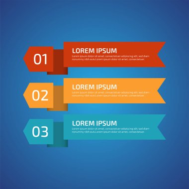 3 farklı renkte Infographic Design Elements, kırmızı, sarı, mavi. Şablon, grafik, sunum ve grafik. 3 seçenekli iş konsepti, parçalar, adımlar, süreçler. Vektör illüstrasyonu