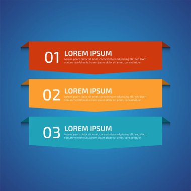 3 farklı renkte Infographic Design Elements, kırmızı, sarı, mavi. Şablon, grafik, sunum ve grafik. 3 seçenekli iş konsepti, parçalar, adımlar, süreçler. Vektör illüstrasyonu