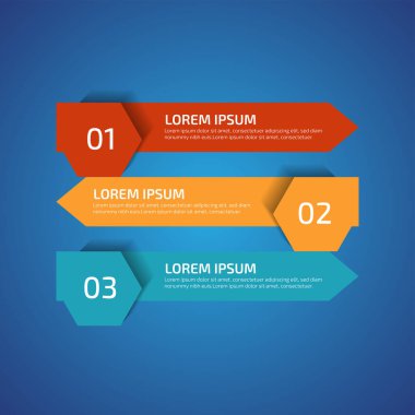 3 farklı renkte Infographic Design Elements, kırmızı, sarı, mavi. Şablon, grafik, sunum ve grafik. 3 seçenekli iş konsepti, parçalar, adımlar, süreçler. Vektör illüstrasyonu