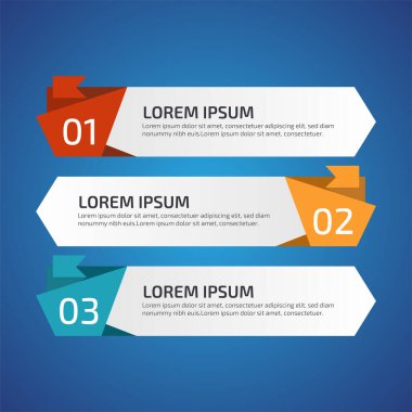3 farklı renkte Infographic Design Elements, kırmızı, sarı, mavi. Şablon, grafik, sunum ve grafik. 3 seçenekli iş konsepti, parçalar, adımlar, süreçler. Vektör illüstrasyonu