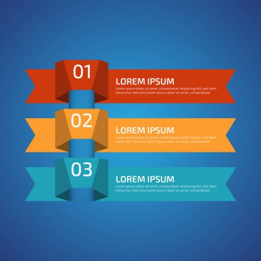 3 farklı renkte Infographic Design Elements, kırmızı, sarı, mavi. Şablon, grafik, sunum ve grafik. 3 seçenekli iş konsepti, parçalar, adımlar, süreçler. Vektör illüstrasyonu