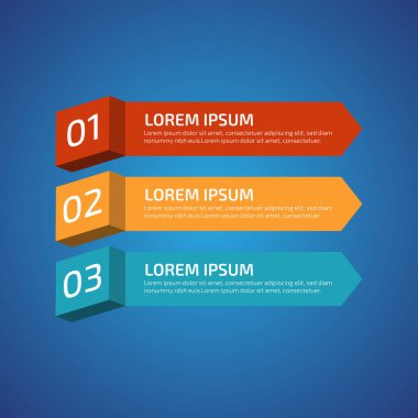 3 farklı renkte Infographic Design Elements, kırmızı, sarı, mavi. Şablon, grafik, sunum ve grafik. 3 seçenekli iş konsepti, parçalar, adımlar, süreçler. Vektör illüstrasyonu