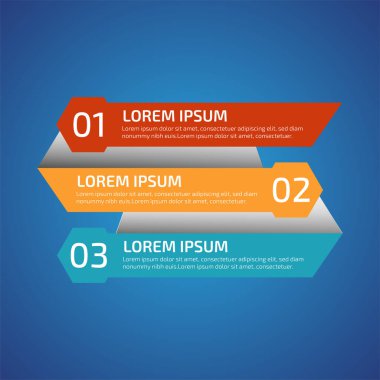 3 farklı renkte Infographic Design Elements, kırmızı, sarı, mavi. Şablon, grafik, sunum ve grafik. 3 seçenekli iş konsepti, parçalar, adımlar, süreçler. Vektör illüstrasyonu