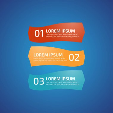 3 farklı renkte Infographic Design Elements, kırmızı, sarı, mavi. Şablon, grafik, sunum ve grafik. 3 seçenekli iş konsepti, parçalar, adımlar, süreçler. Vektör illüstrasyonu