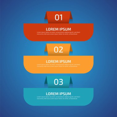 3 farklı renkte Infographic Design Elements, kırmızı, sarı, mavi. Şablon, grafik, sunum ve grafik. 3 seçenekli iş konsepti, parçalar, adımlar, süreçler. Vektör illüstrasyonu