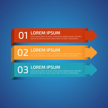 3 farklı renkte Infographic Design Elements, kırmızı, sarı, mavi. Şablon, grafik, sunum ve grafik. 3 seçenekli iş konsepti, parçalar, adımlar, süreçler. Vektör illüstrasyonu