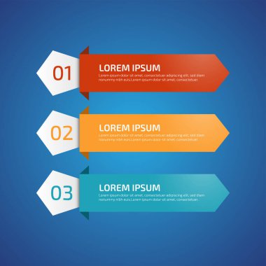 3 farklı renkte Infographic Design Elements, kırmızı, sarı, mavi. Şablon, grafik, sunum ve grafik. 3 seçenekli iş konsepti, parçalar, adımlar, süreçler. Vektör illüstrasyonu