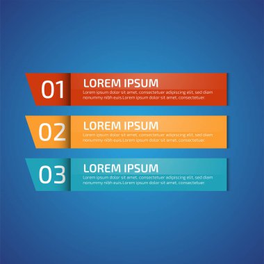3 farklı renkte Infographic Design Elements, kırmızı, sarı, mavi. Şablon, grafik, sunum ve grafik. 3 seçenekli iş konsepti, parçalar, adımlar, süreçler. Vektör illüstrasyonu