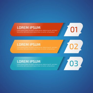 3 farklı renkte Infographic Design Elements, kırmızı, sarı, mavi. Şablon, grafik, sunum ve grafik. 3 seçenekli iş konsepti, parçalar, adımlar, süreçler. Vektör illüstrasyonu