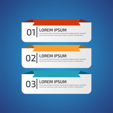 3 farklı renkte Infographic Design Elements, kırmızı, sarı, mavi. Şablon, grafik, sunum ve grafik. 3 seçenekli iş konsepti, parçalar, adımlar, süreçler. Vektör illüstrasyonu