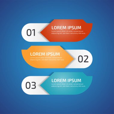 3 farklı renkte Infographic Design Elements, kırmızı, sarı, mavi. Şablon, grafik, sunum ve grafik. 3 seçenekli iş konsepti, parçalar, adımlar, süreçler. Vektör illüstrasyonu