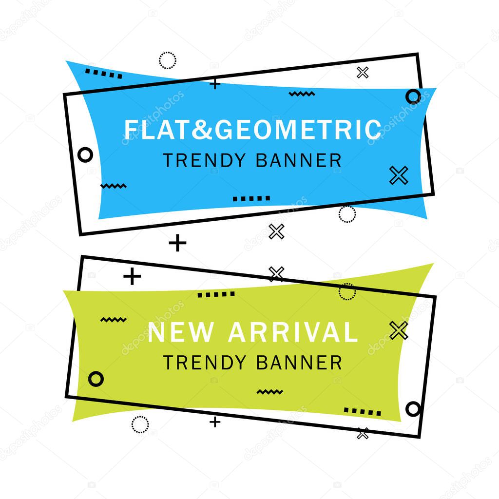 Set of trendy flat geometric vector banners. Flat linear promotion ribbon banner, scroll, price tag, sticker, badge, poster. Vintage colors and shapes. Green and blue colors.