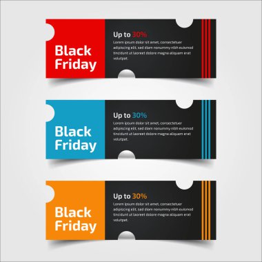 Kara Cuma% 30,% 50,% 70 'e çıktı. Satış için kırmızı, mavi ve sarı renklerle pankart tasarımı. Vektör çizimi. Gri arkaplanda üç soyut biçimin elementleri kümesi. Bilgi grafiklerinin elementleri