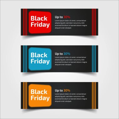 Kara Cuma% 30,% 50,% 70 'e çıktı. Satış için kırmızı, mavi ve sarı renklerle pankart tasarımı. Vektör çizimi. Gri arkaplanda üç soyut biçimin elementleri kümesi. Bilgi grafiklerinin elementleri