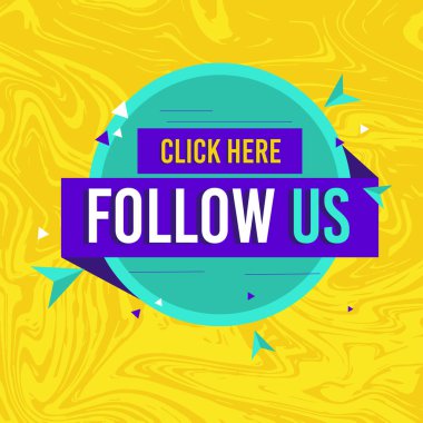 Bizi takip edin, etikete tıklayın. Web sitesi, blog afişi ve reklamları için tipografi şablonu. Yaratıcı iş konsepti, vektör illüstrasyon geçmişi. Çevrimiçi medya sosyal ağında bizi izleyin.