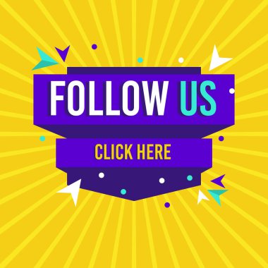 Bizi takip edin, etikete tıklayın. Web sitesi, blog afişi ve reklamları için tipografi şablonu. Yaratıcı iş konsepti, vektör illüstrasyon geçmişi. Çevrimiçi medya sosyal ağında bizi izleyin.