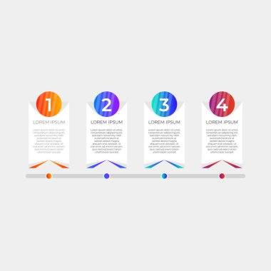 Zaman çizgisi bilgisi düz tasarım ve renkli basamaklar toplama vektörü. İş akışı düzeni, diyagram, yıllık rapor ve web tasarımı için kullanılabilir. 4 seçeneği, adımı veya süreci olan iş konsepti.