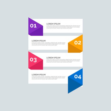 Modern Enformasyon İşletme Şablonu. Dört adım çok renkli tasarımı var. Bilgi grafikleri, akış grafikleri, sunumlar, web siteleri, afişler, basılı materyaller için 4 basit elementten oluşan bir set. Düz biçim.
