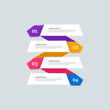 Modern Enformasyon İşletme Şablonu. Dört adım çok renkli tasarımı var. Bilgi grafikleri, akış grafikleri, sunumlar, web siteleri, afişler, basılı materyaller için 4 basit elementten oluşan bir set. Düz biçim.