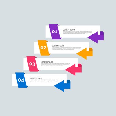 Modern Enformasyon İşletme Şablonu. Dört adım çok renkli tasarımı var. Bilgi grafikleri, akış grafikleri, sunumlar, web siteleri, afişler, basılı materyaller için 4 basit elementten oluşan bir set. Düz biçim.