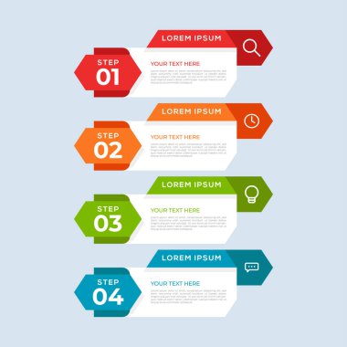 Sayılar ve simgelerle modern Vektör Renkli 4 Adım bilgi şablonu. Dört seçenek ya da adım. İş konsepti, sunumlar, web siteleri, afişler, basılı materyaller vs. için kullanılabilir.