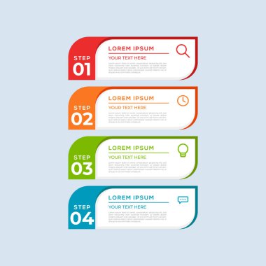 Sayılar ve simgelerle modern Vektör Renkli 4 Adım bilgi şablonu. Dört seçenek ya da adım. İş konsepti, sunumlar, web siteleri, afişler, basılı materyaller vs. için kullanılabilir.