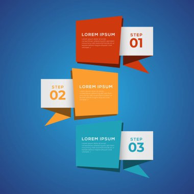 3 elementi olan basit bir bilgi. İş akışı düzeni, diyagram, yıllık rapor, web tasarımı, akış şeması ve sunum için kullanılabilir. Origami ve düz biçimdeki 3 seçenek, bölüm, adım, süreç