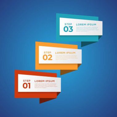3 elementi olan basit bir bilgi. İş akışı düzeni, diyagram, yıllık rapor, web tasarımı, akış şeması ve sunum için kullanılabilir. Origami ve düz biçimdeki 3 seçenek, bölüm, adım, süreç