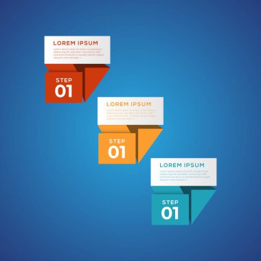 3 elementi olan basit bir bilgi. İş akışı düzeni, diyagram, yıllık rapor, web tasarımı, akış şeması ve sunum için kullanılabilir. Origami ve düz biçimdeki 3 seçenek, bölüm, adım, süreç