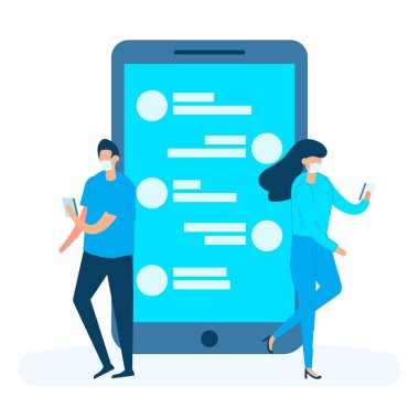 Genç çift akıllı telefondan iletişim kuruyor ve kovid 19 'a karşı tıbbi maske takıyor. Sosyal medya ve korona virüsü kavramı.