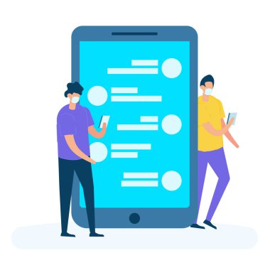 İki genç adam akıllı telefondan iletişim kuruyor ve kovid 19 'a karşı tıbbi maske takıyor. Sosyal medya ve korona virüsü kavramı.