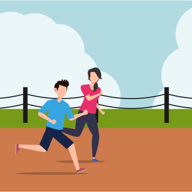 Çizgi film karakteri, sağlıklı yaşayan, sağlıklı yaşam tarzını yansıtıyor. Beyaz arka planda birlikte çalışan genç kadın ve erkeğin düz tasarımı..