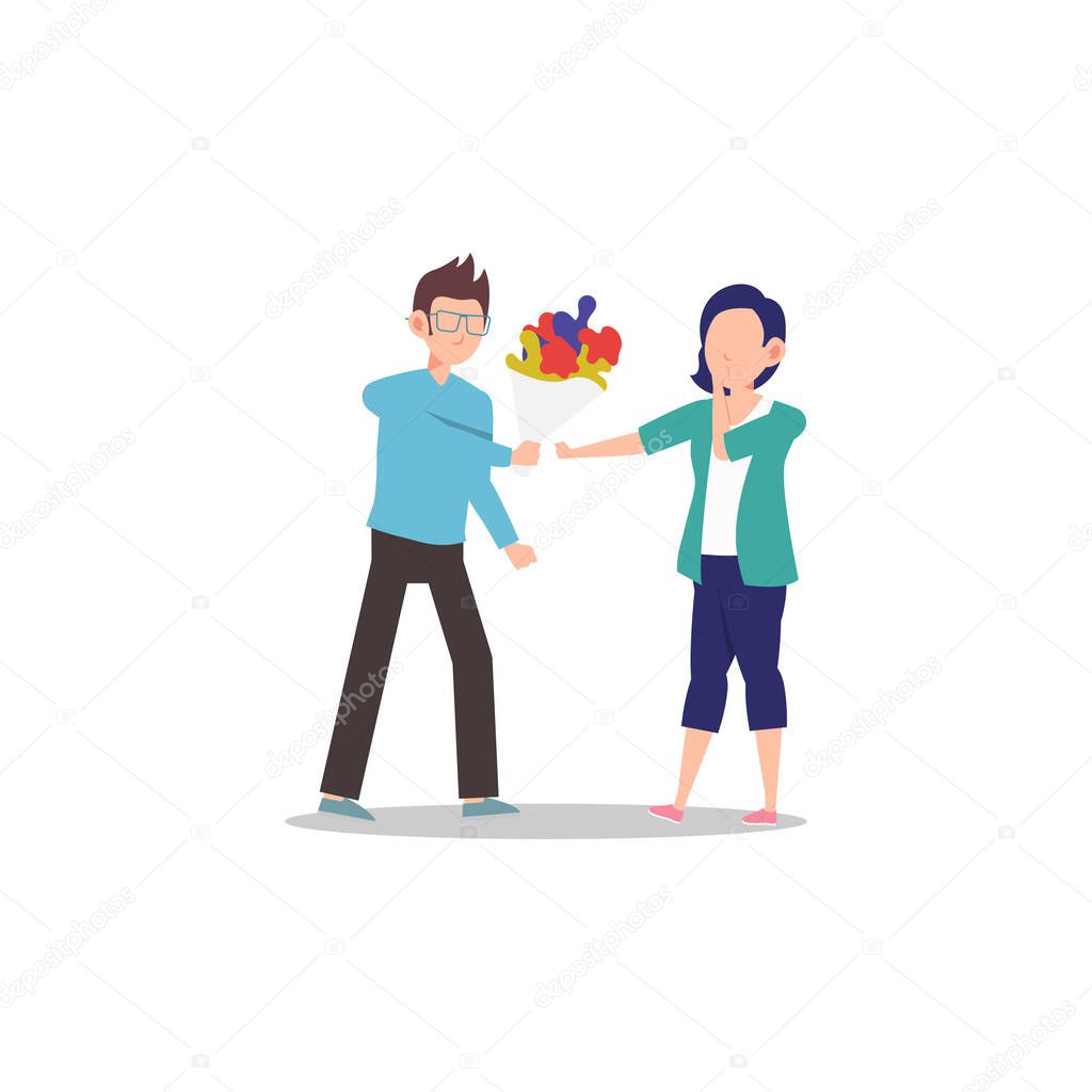 Cartoon character illustration of happy couple and lover. Boyfriend giving flower to girlfriend. Flat design isolated on white background. Can be used for websites, web design, mobile app.