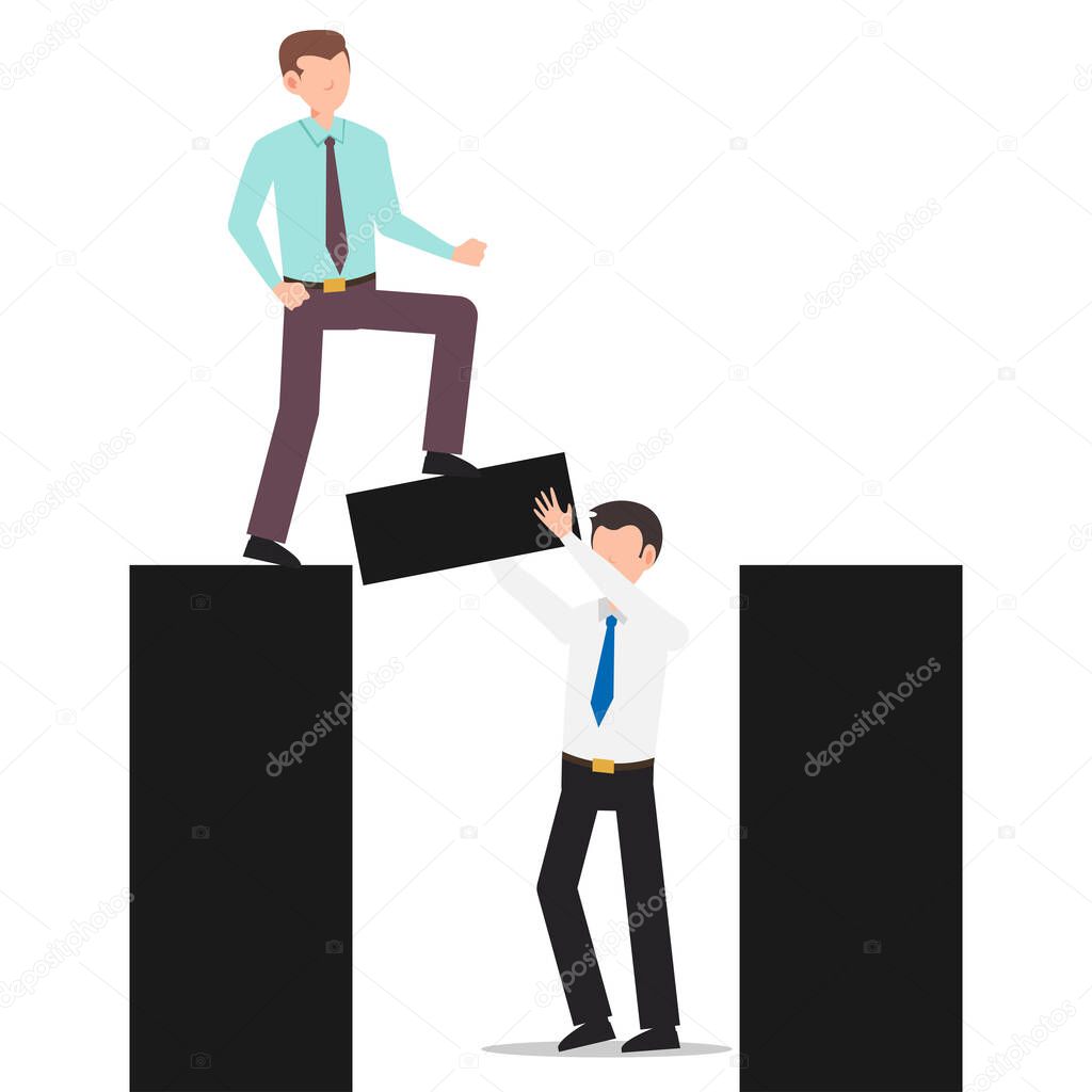 Cartoon character illustration of business friend helping each other. Business man holding the bridge while another business man crossing. Flat design concept isolated on white background.