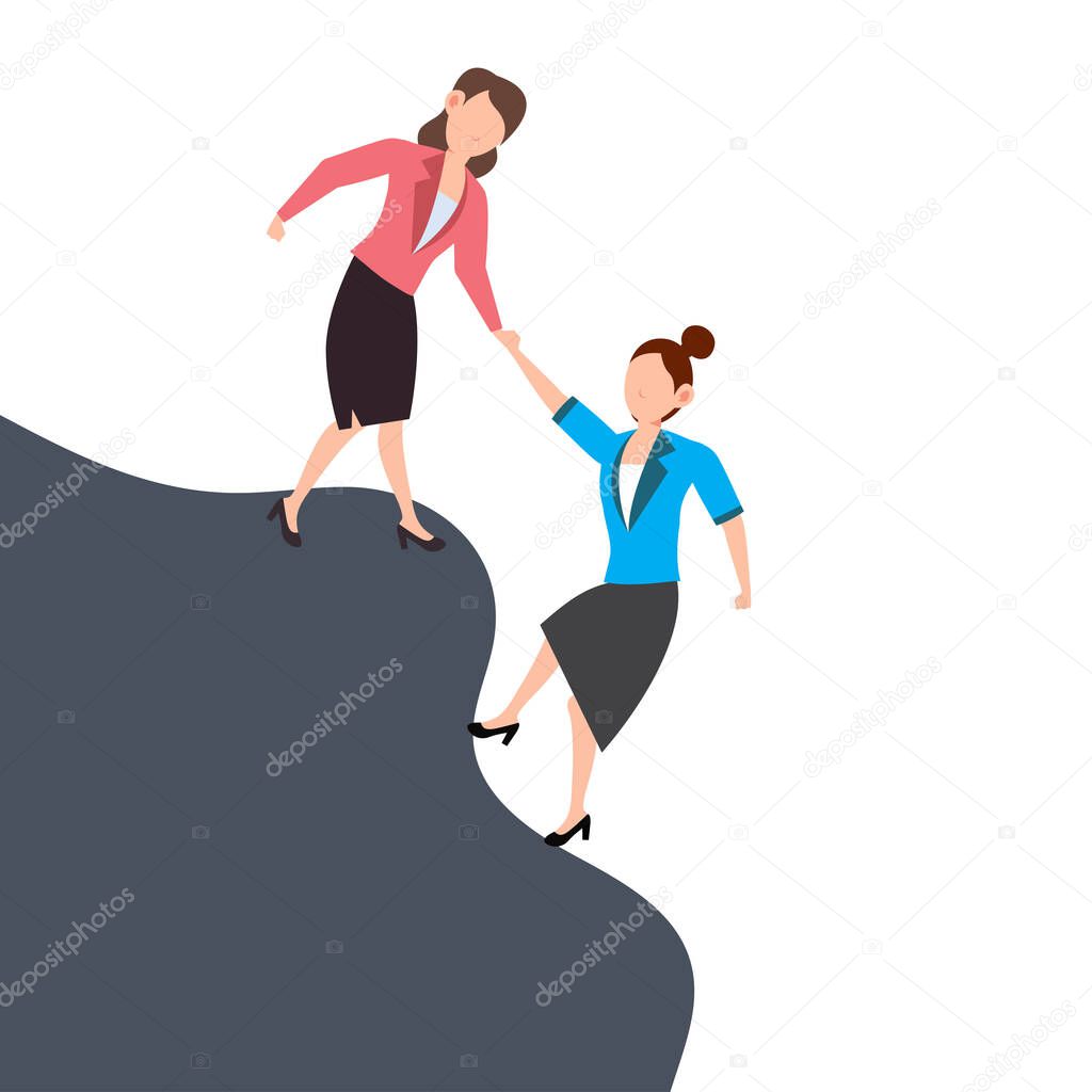 Cartoon character illustration of business friend helping each other. Business woman giving hand to help. Flat design concept isolated on white background.