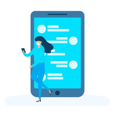 Akıllı telefondan iletişim kuran ve kovid 19 'a karşı tıbbi maske takan genç bir kadın. Sosyal medya ve korona virüsü kavramı.