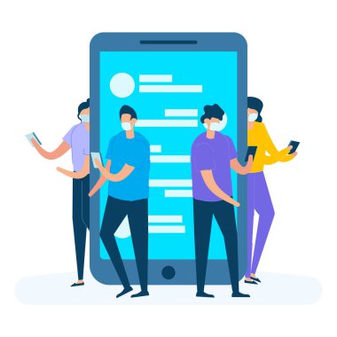 Bir grup genç insan akıllı telefonla iletişim kuruyor ve kovid-19 'a karşı tıbbi maske takıyor. Sosyal medya ve korona virüsü kavramı.