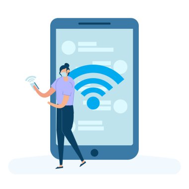 İnternetteki kablosuz internet sinyaliyle iletişim kuran ve COVid-19 'a karşı tıbbi maske takan genç bir kadın. Sosyal medya ve korona virüsü illüstrasyonunun düz bir şekli var. Beyazda izole edilmiş.