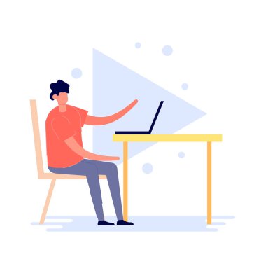 Genç adam elinde tutuyor ve modern teknoloji kullanıyor, laptop. Beyazların izole ettiği sosyal medya kavramı. Çizgi film karakteri çizimi düz biçimli.