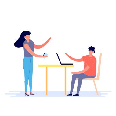 Genç çift modern teknoloji, akıllı telefon ve dizüstü bilgisayarla konuşuyor. Beyazların izole ettiği sosyal medya kavramı. Çizgi film karakteri çizimi düz biçimli