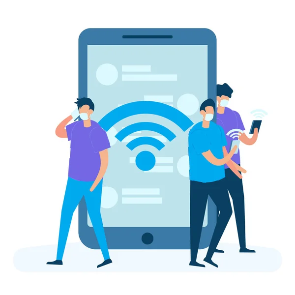 Groep Van Jonge Mannen Communiceren Met Smartphone Internet Wifi Signaal — Stockvector