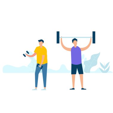 İki genç fitness oyuncusunun, halteri ve halteri sağlıklı bir yaşam tarzıyla doğada tutarak egzersiz yapmasının karakter tasarımı. Düz biçimli vektör illüstrasyonu.