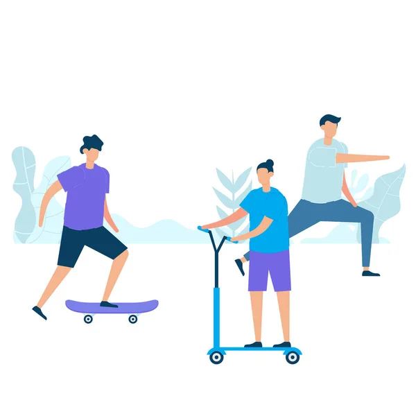 スケートボードで運動を練習したり キックスクーターに乗ったり 自然の中でストレッチをしている若い男性のグループ 健康的なライフスタイルのコンセプトをフラットスタイルでベクトルイラストキャラクター — ストックベクタ