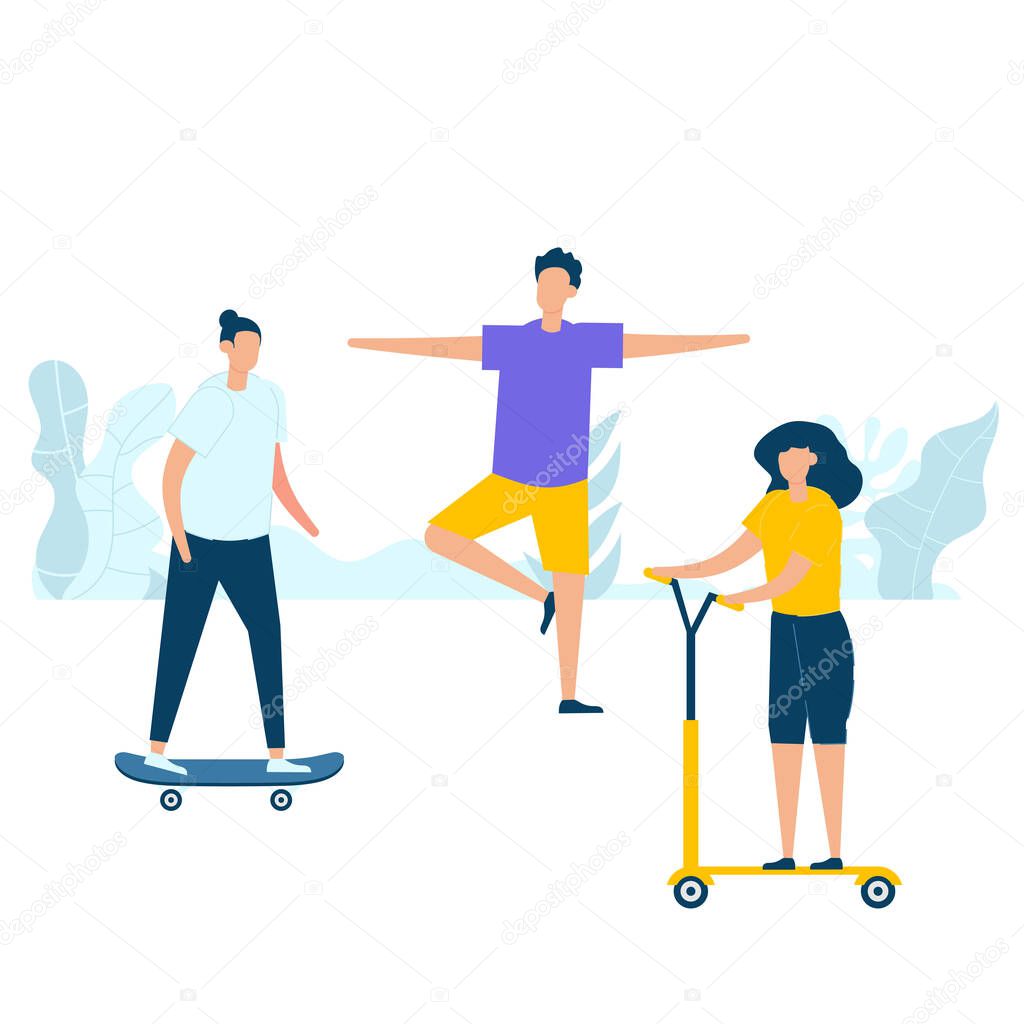 Group of young people practicing exercise with riding skateboard, kick scooters, and stretching in nature. Vector illustration character with healthy lifestyle concept in flat style.
