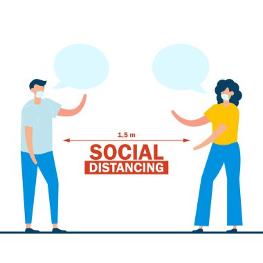 Genç çift mesajlaşmak ve maske takmak için sosyal mesafeyi kullanıyor. Yeni normal kavramı. İniş sayfası, web gezgini ve afiş için düz çizgi film karakter tasarımı.